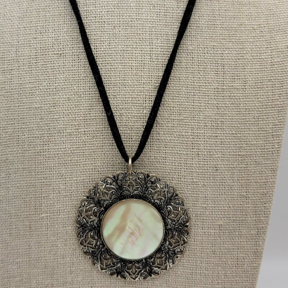 Vintage Mother Of Pearl Sterling Filigree Medallion Pendant Cord Necklace 18"